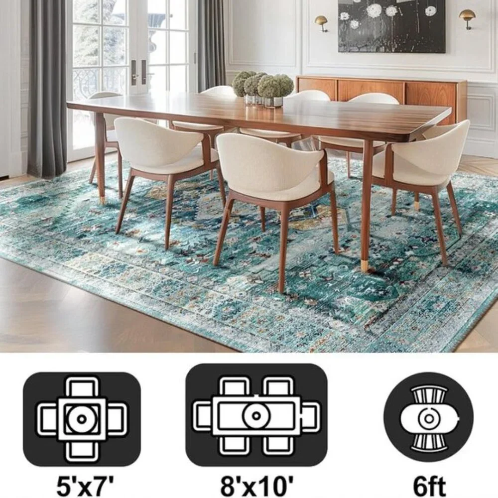 5x7 Green Boho Area Rug, Washable, No Pile, Non-Slip Vintage Distressed Carpet